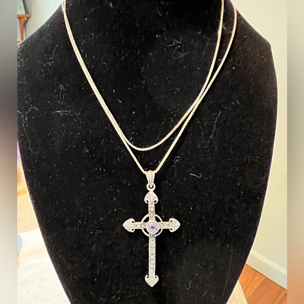 Sterling silver vintage Marcasite and amethyst cross on a 30” 925 box chain.